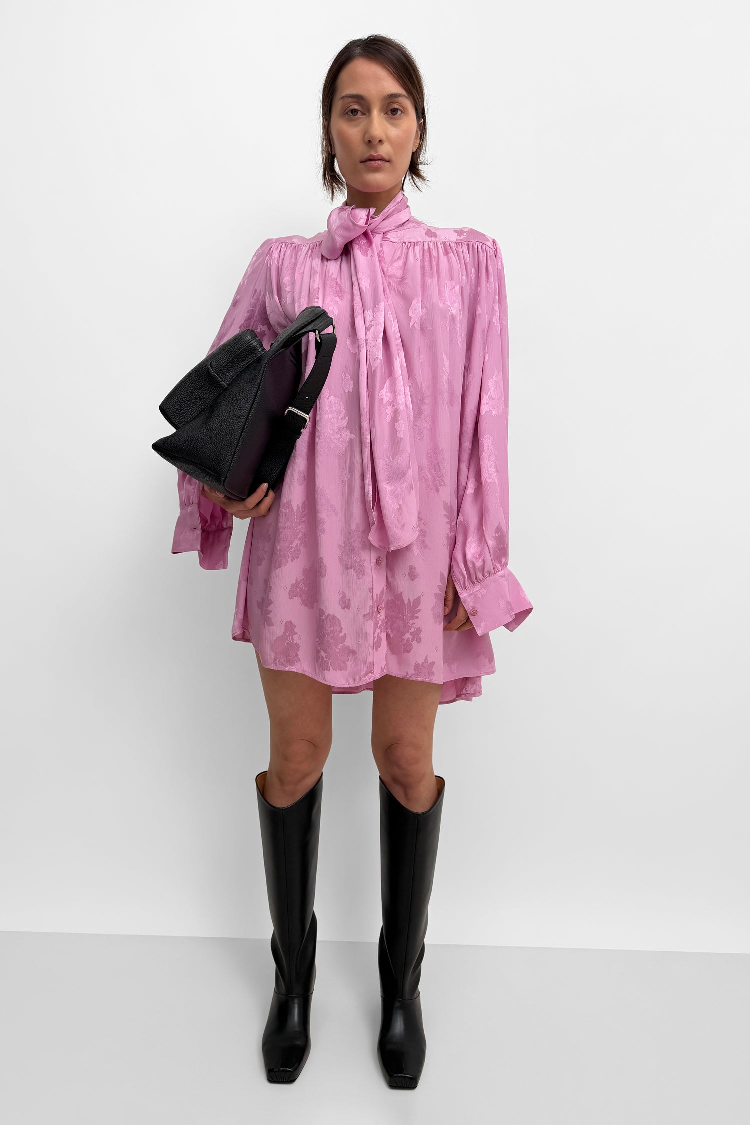 The Nayou monochrome jaqcuard mini bow tie dress